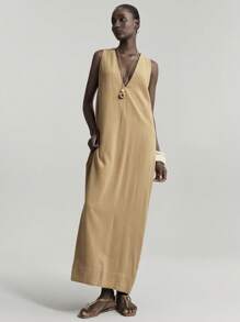 Ontre 波西米亚风格 V 领无袖长亚麻连衣裙，女式简约休闲度假连衣裙 - 卡其色 - 查看 4