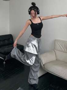 DAZY Pantalón cargo casual de tiro alto y pierna ancha con cordón, 2 en 1 para mujeres