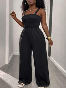 INAWLY 實色大尺碼背帶連體褲，有口袋，寬肩帶，無袖，適用於夏季 - 黑色 - 查看 5