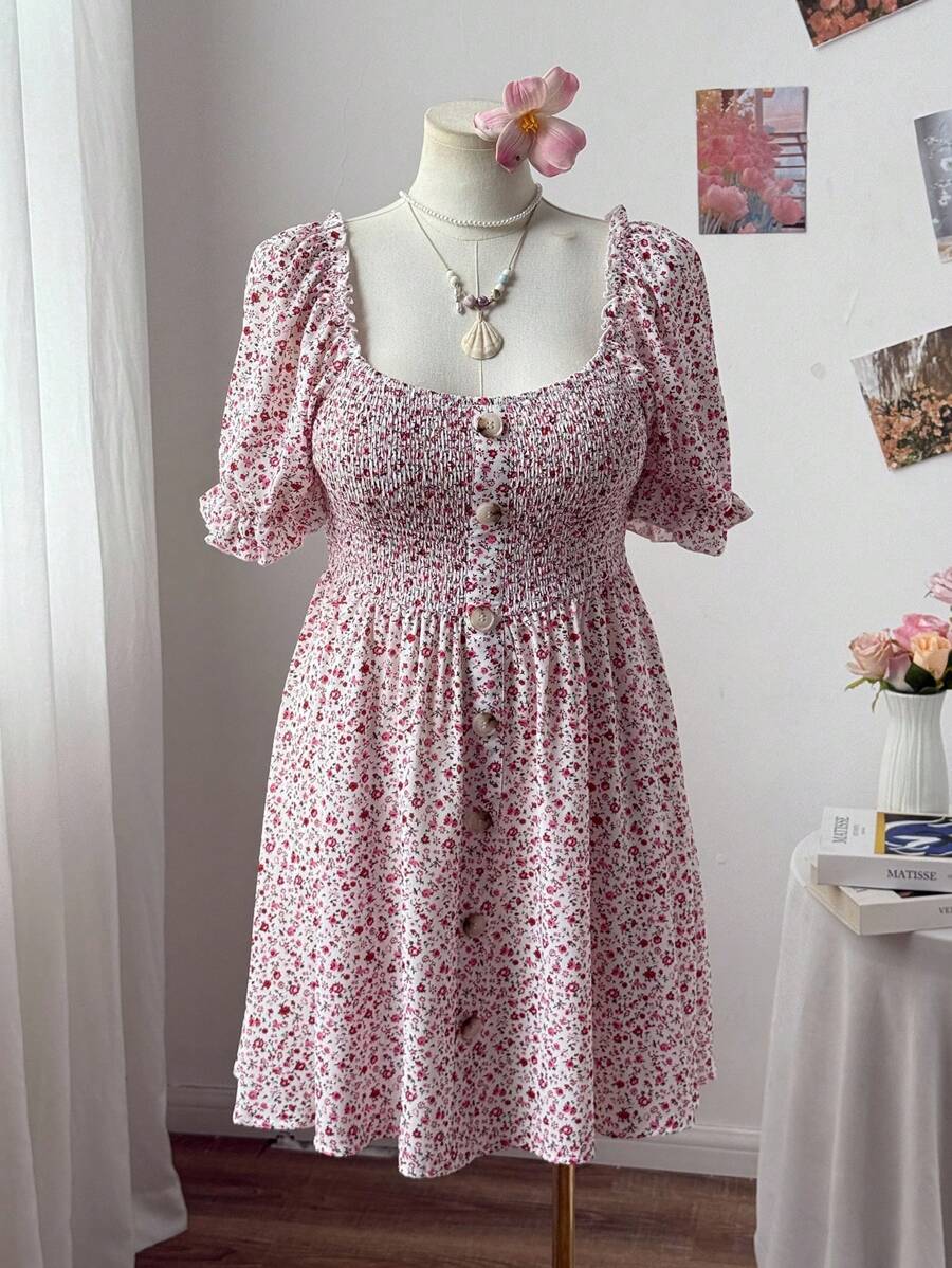 Sweetra Plus Size Square Neck Ruffle Hem Ditsy Floral A-Line Dress