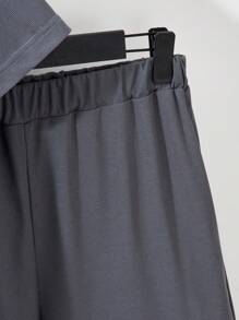 SHEIN 2件套纹理华夫格面料青少年短袖上衣和短裤套装 - 深灰色 - 查看 7