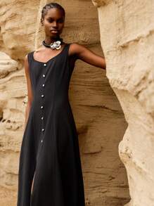 Lumivelle Women's Summer Solid Sweetheart Neckline Sleeveless Elegant Dress With Buttons - Black - View 5