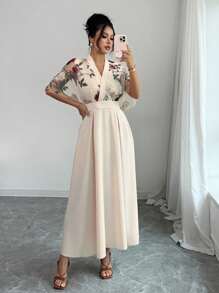 Rafferiza Women's Elegant Floral Embroidered Half Sleeve Apricot Maxi Dress A Stunning V-Neck Flared Hem Dress For Photoshoots And Special Occasions - Apricot - View 3