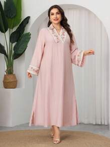 Al Najma Floral Embroidered Collar Flare Sleeve Slimming Dress, Spring/Summer - Pink - View 5
