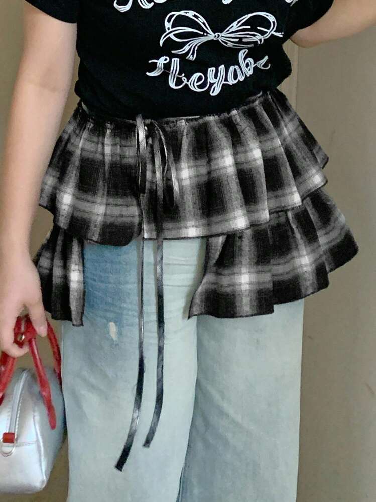 Dazy Plus Saia Evasê Casual de Estilo de Rua com Estampa Xadrez e Amarração na Cintura para Mulheres Plus Size, Outono - Preto - Visão 3