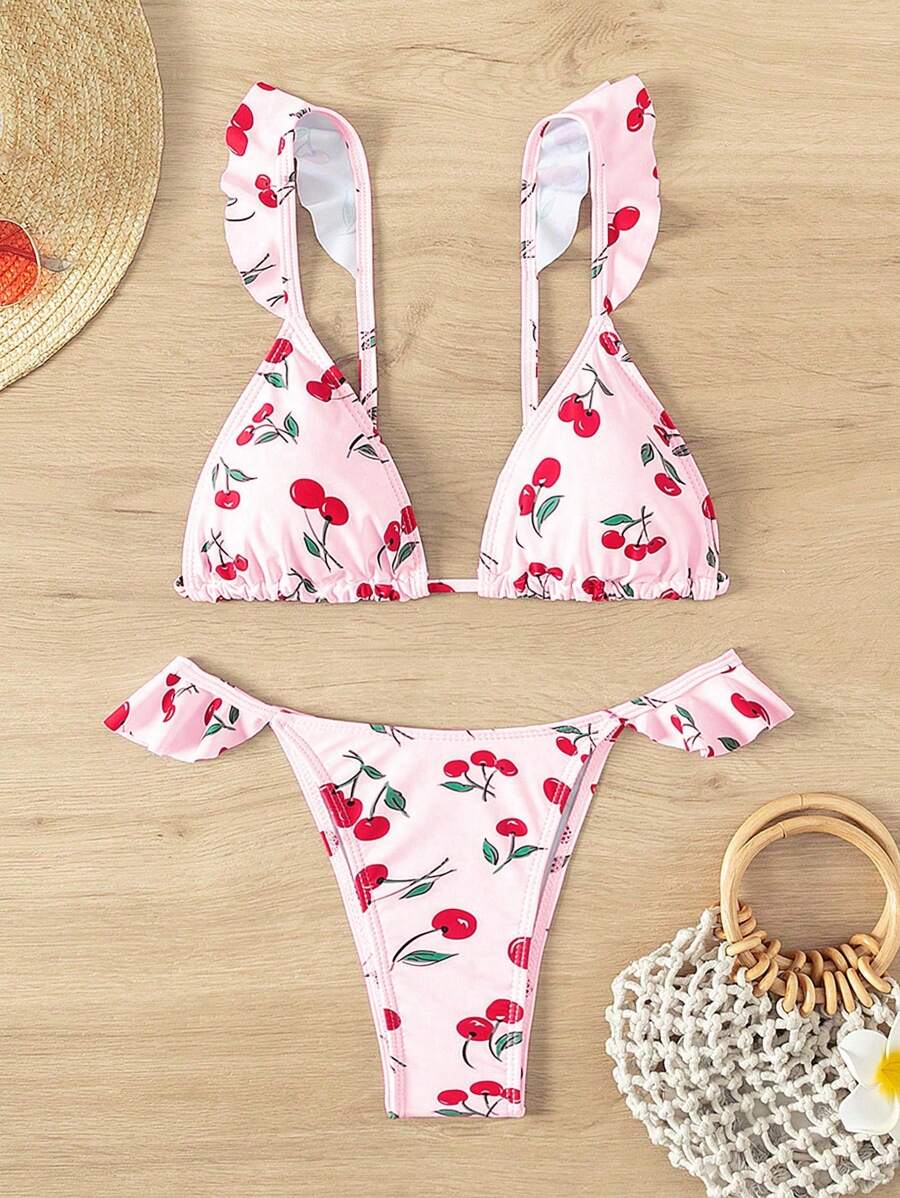 Swim Mod Women's Cherry Print Ruffle Trim Bikini Set For Summer Beach Vacation - Multicolor - View 1