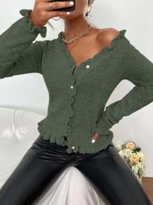 EMERY ROSE Women's Solid Color Long Sleeve Ruffled Single-Breasted Casual Cardigan Fall Winter Cloth For Women - Green - View 3