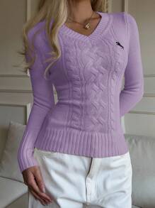 SHEIN EZwear 女士休闲V领长袖修身骑士图案毛衣