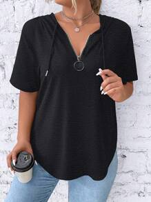 SHEIN LUNE Plus Size Solid Color Short Sleeve Hooded T-Shirt, Fashionable For Summer - Dark Grey - View 4