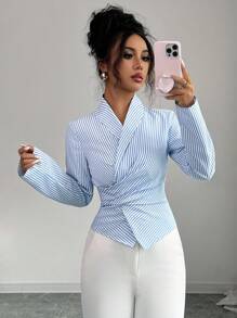 Elenzga Casual Commuter Striped Cinched Waist Wrap Around Waist Shirt Fall Cloth For Women - Blue and White - View 6