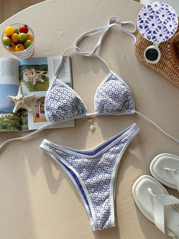 Comfortcana Damski letni zestaw bikini z siatką plażową i halterem