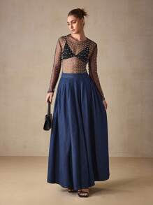 SHEIN ICON Women's Low Waist Extra Long Denim Skirt