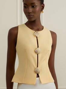 Chiquease Metal Shell Button Decor Women's Slim Fit Hollow Design Round Neck Tank Top, Elegant Look - Yellow - View 6
