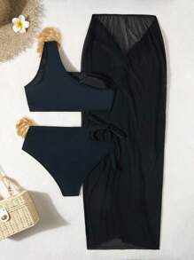 Swim Oasis Elenzya 3 件套女式夏季泳衣套装 - 纯色单肩金叶设计高腰比基尼泳裤和扭纹前开襟沙滩裙，性感别致的度假泳装 - 黑色 - 查看 6