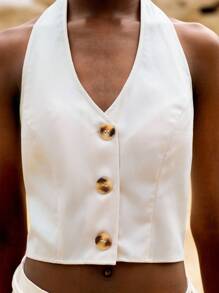 Lumivelle Women's Casual Sleeveless Button Front Halter Top, Solid Color, Summer - Apricot - View 7