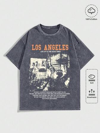 Street Life T-shirt graphique délavé avec slogan décontracté pour hommes, été