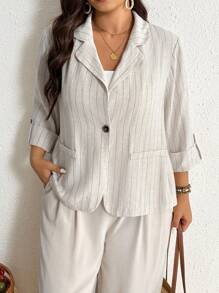 SHEIN Frenchy Plus Size Women Casual Striped Blazer In Fall/Winter - Apricot - View 4