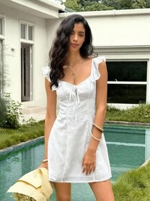 Rafferiza 女士优雅镂空花朵 A 字迷你连衣裙，修身，适合毕业季 - 白色 - 查看 3