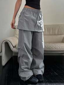 DAZY Pantalón cargo casual de tiro alto y pierna ancha con cordón, 2 en 1 para mujeres