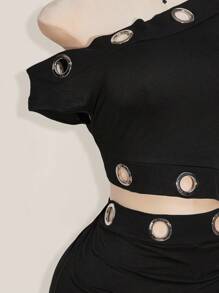 SHEIN ICON 大码时尚性感斜肩孔眼装饰紧身迷你裙两件套，Y2K 风格