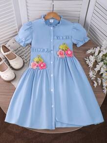 Tween Girl' Asymmetrical 3D Floral Puff Sleeve Sweet & Cute Summer Chiffon Shirt Dress