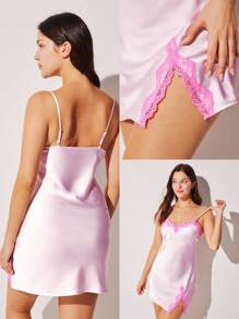 LUVLETTE Sexy zijdezacht satijn, luxe kanten rand, V-hals, bandjes, camisole, loungewear, slipjurk, luchtig nachthemd, lingerie