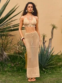 Swim Chiccia Elegant Women's Beige Knit Set, Shell Bikini Top With Mini Skirt
