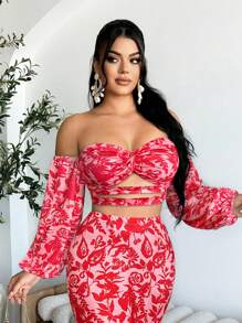 SHEIN SXY 女式花卉印花露肩扭花灯笼袖镂空性感衬衫，度假风格 - 玫紅色 - 查看 7