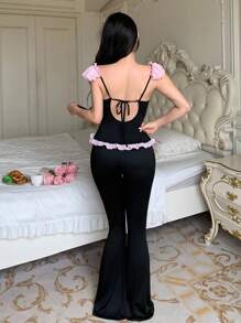 SHEIN 浪漫优雅撞色蝴蝶结荷叶边女士睡衣套装 - 黑色 - 查看 2