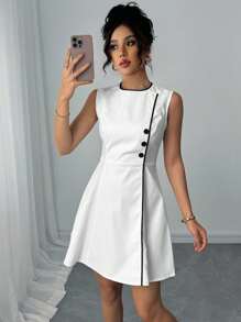 SHEIN Clasi Contrast Color Round Neck Sleeveless Slim Fit Short Mini Dress For Women Teacher Outfits For Women Back To School Clothes Teacher  Dresses For Women Elegant  White Dresses Classy Elegant Business Casual Woman Office Outfits For Women Teacher Work Clothes Women Teacher Outfits Business Casual Outfits Women Business Professional Women Work Dresses For Women - Multicolor - View 4