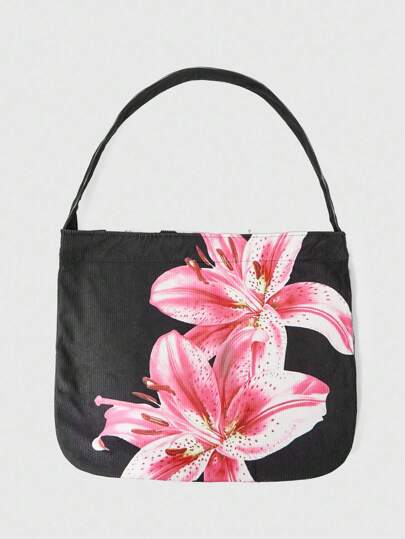 Fairycore 1pc Dark Pink Lily Shoulder Tote Bag, Suitable For Camping, Travel, Shopping, Commute And Other Occasions