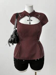 Sweetra 加大码女式立领镂空锁边条纹短袖收腰 A 字休闲时尚衬衫 - 棕色 - 查看 4