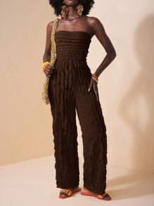 Slaydiva 夏季新品音乐节婚礼季、复活节、西部风、游牧风、圣帕特里克节、生日派对、毕业季、学生装、日常休闲、百搭、休闲、邮轮旅行、海滩、日光浴、热销款、纹理款、无肩带款、黄色款、大码女式连体裤、棕色连体裤、女士度假套装、棕色无肩带连体裤、荷叶边连体裤、纹理连体裤 - 棕色 - 查看 8