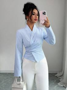 Elenzga Casual Commuter Striped Cinched Waist Wrap Around Waist Shirt Fall Cloth For Women - Blue and White - View 4