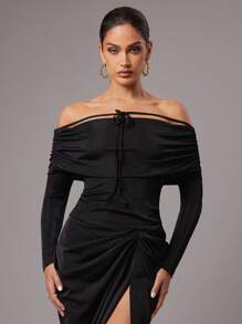 Silquee Women's Black Elegant Off-The-Shoulder Tops,Autumn Slim Fit Glitter Knitted Pleated Front Strap Long Sleeve Shirt For Night Out,Party,Date Night Wear - Black - View 4