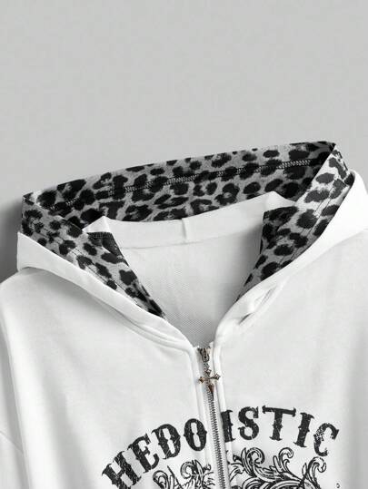 Goth Women Casual Street Style Halloween Punk Floral Skull Print 2 In 1 Leopard Splice Zip Up Hooded Sweatshirt