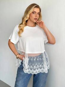 Auralis Camiseta de manga corta blanca con encaje y efecto transparente, cómoda y holgada, para mujer talla grande, estilo casual y fresco para primavera y verano, tops bonitos y curvilíneos para cruceros, salidas y vacaciones - Blanco - Ver 3