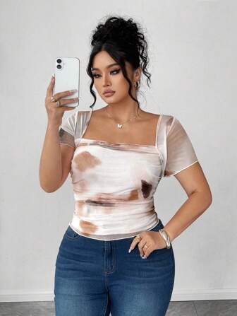 Elenzga Plus Size Women's New Tie-Dye Elegant Ruffle Collar Sheer Mesh Short Sleeve Casual Vacation Shirt See Through Top Sheer Top Transparent Top Plus Size Sheer Top Women See Through Tops