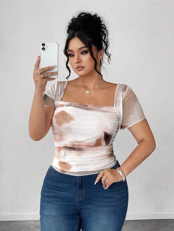Elenzga Plus Size Women's New Tie-Dye Elegant Ruffle Collar Sheer Mesh Short Sleeve Casual Vacation Shirt See Through Top Sheer Top Transparent Top Plus Size Sheer Top Womens See Through Tops