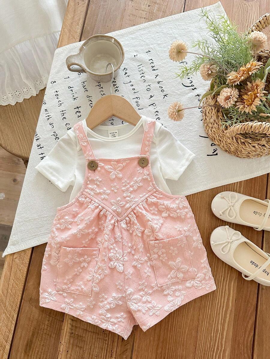SHEIN LMoss Kids 女嬰提花荷葉邊休閒日常連身衣 - 粉色 - 查看 1
