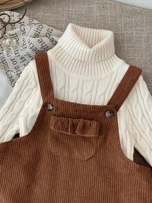 SHEIN LMoss Kids LMoss 女婴可爱粉色灯芯绒连体衣，适合秋冬季 - 棕色 - 查看 5