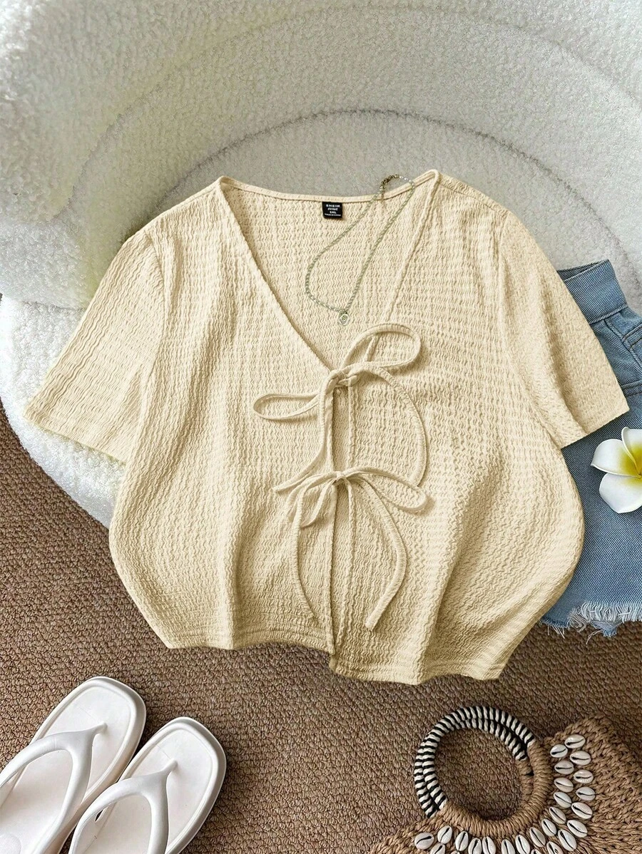 SHEIN LUNE 大码女式简约纯色纹理系带上衣,夏季上衣,外出上衣,罗纹针织上衣,教师款 - 米色 - 查看 1
