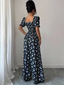 Selianne Women's Elegant Waist Cinched Floral Print Romper With Puff Sleeves, Suitable For Holiday - Black - View 2