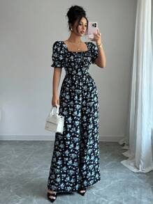 Selianne Women's Elegant Waist Cinched Floral Print Romper With Puff Sleeves, Suitable For Holiday - Black - View 5