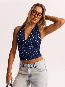 SHEIN BAE Camiseta de punto holgada con cuello halter de malla marrón minimalista, adecuada para uso casual, ir al trabajo, citas, salir con amigos, vacaciones en Italia y diversas ocasiones en primavera y verano