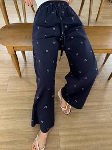 DAZY Cute Bow Print Loose Pajama Bottom, Fall, Winter