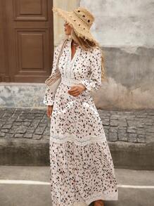 Brillora 女式 V 领荷叶边灯笼袖 A 字休闲豹纹连衣裙，秋冬款 - 彩色 - 查看 7