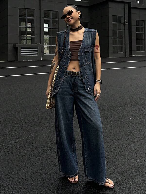 DAZY 2pcs/Set Women Summer V-Neck Sleeveless Cardigan Top & Loose Casual Wide Leg Pants Denim Street Casual Suit