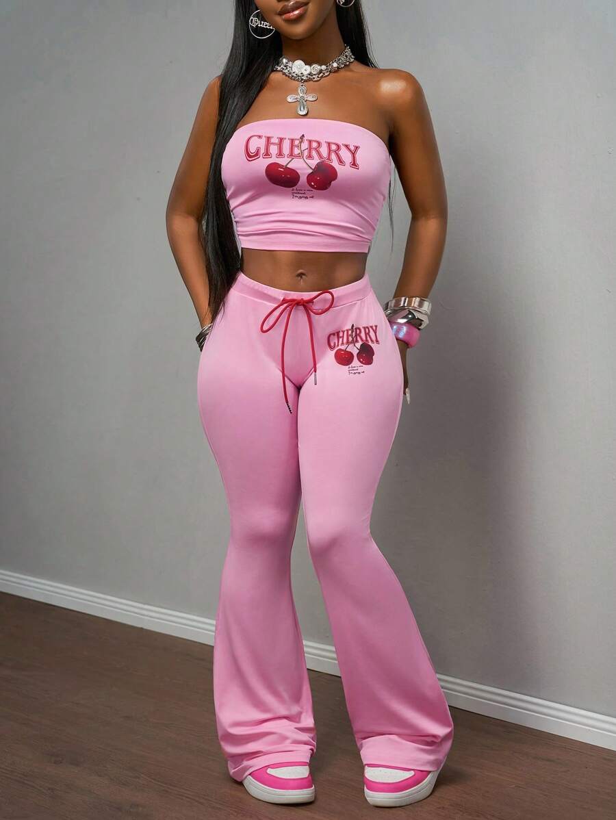 Slaydiva 2025春夏新款波西米亚音乐节度假沙滩派对休闲度假性感甜美可爱千禧Y2K弹力针织粉色樱桃水果英文字母图形复古无袖抹胸短款上衣+松紧腰红色系带樱桃印花修身喇叭裤2件套女装樱桃2件套粉色2件套 - 粉色 - 查看 1