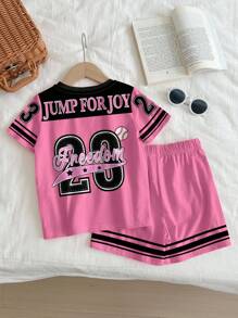 SHEIN 2pc Girls Trip Sports Graphic Set With Number 23, Classic Fashion Sporty Style: Short Sleeve T-Shirt With Sleeve Color Block, Graphic Print And Shorts, Suitable For Summer, Sports, Fitness, Casual Outing, Socializing
